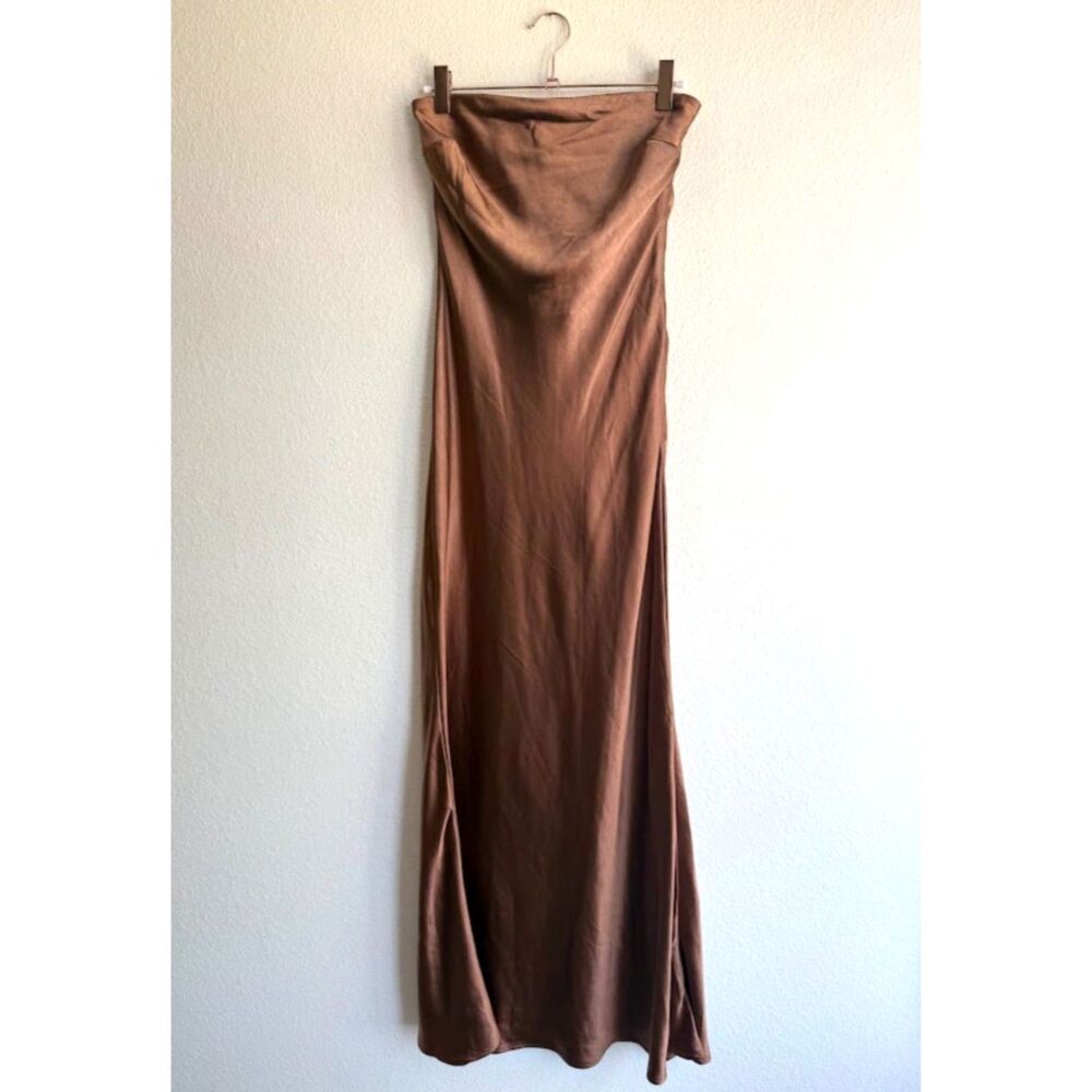 Princess Polly Haley Maxi Strapless Dress in Brown Satin Tie Back size 4 NWT